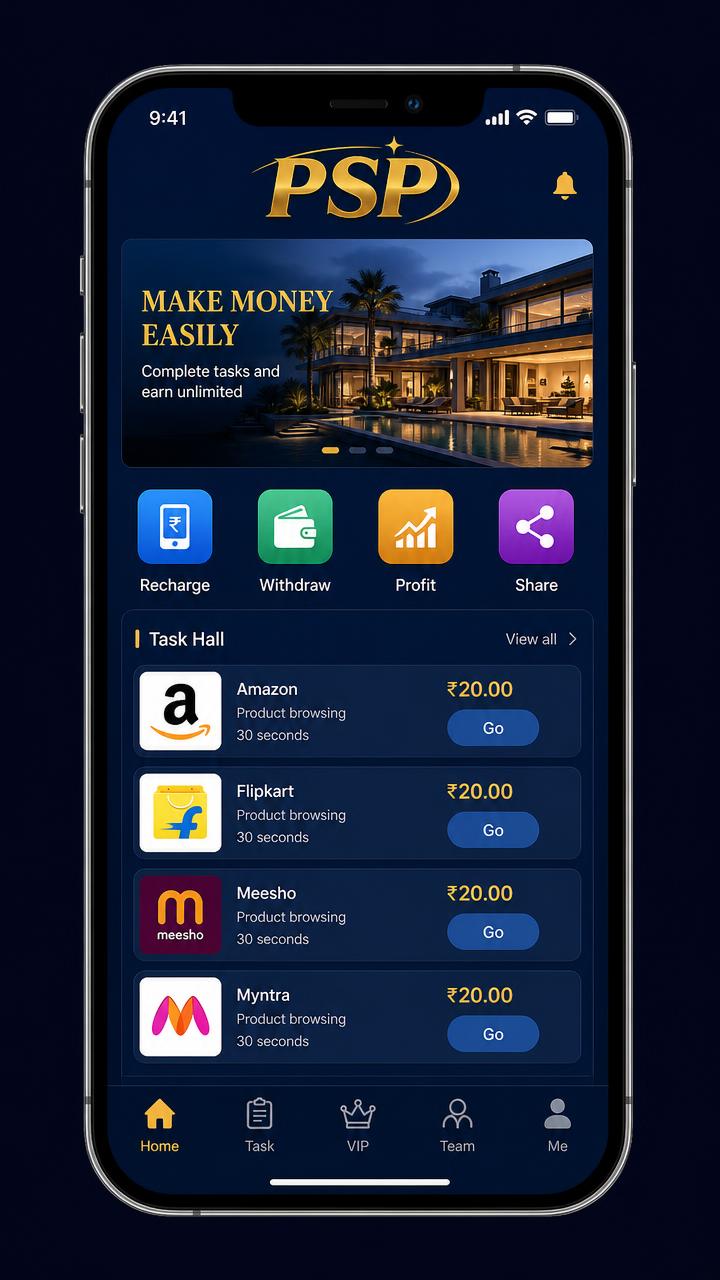 PSP COP home page with action tiles and the task list
