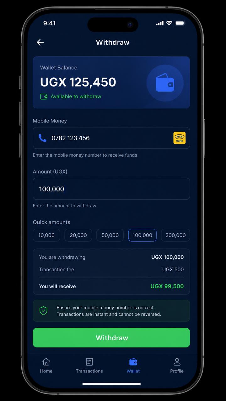 PSP COP withdrawal page with amount and mobile money number
